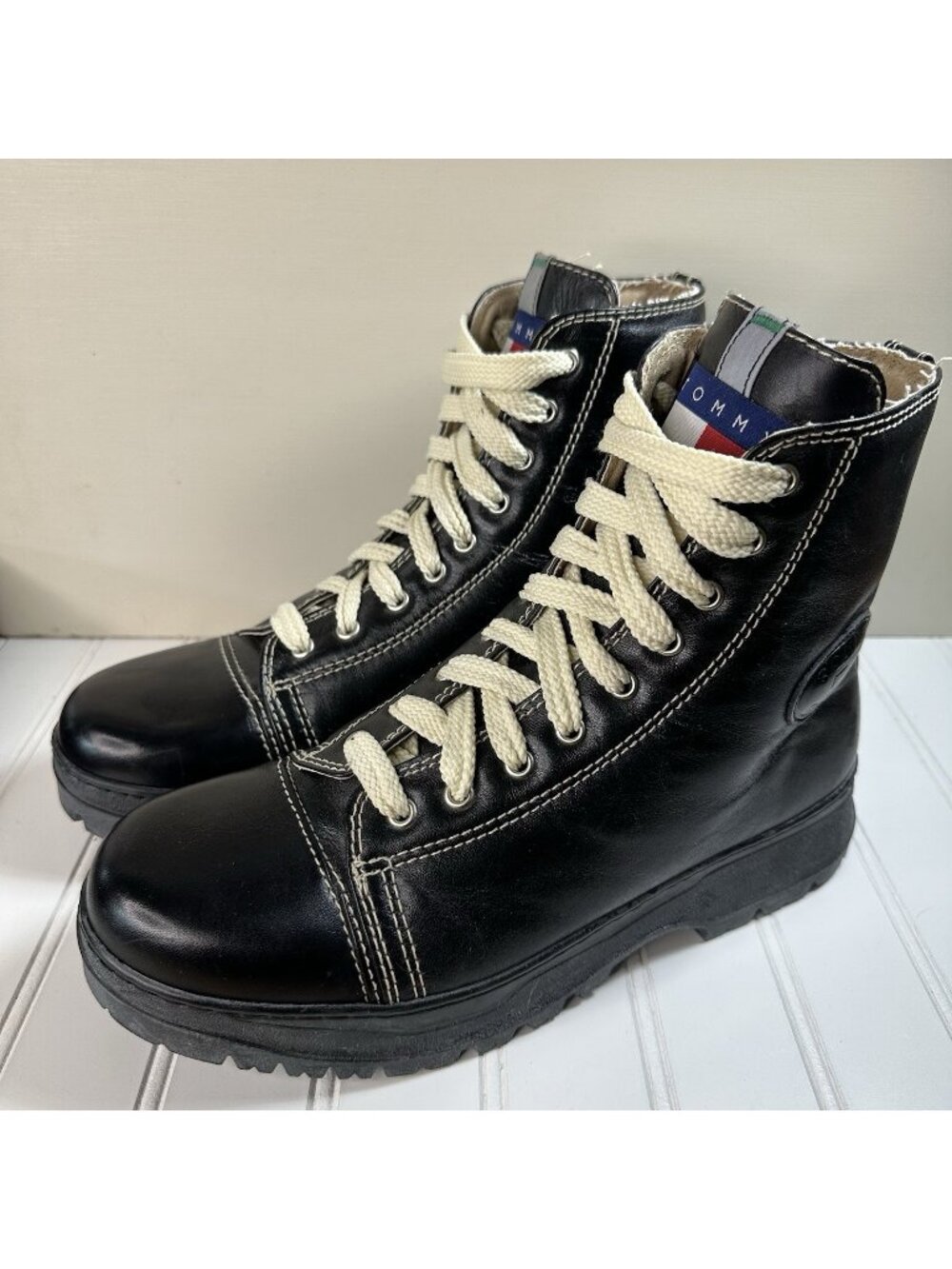 Tommy Hilfiger Men’s 8M Vintage Flag Black Leather Boots Motorcycle Work Biker